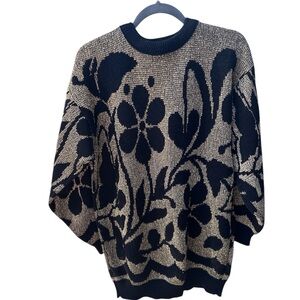 Vintage Black and Cream Crew Neck Sweater with Floral Design by A Jane Adam’s